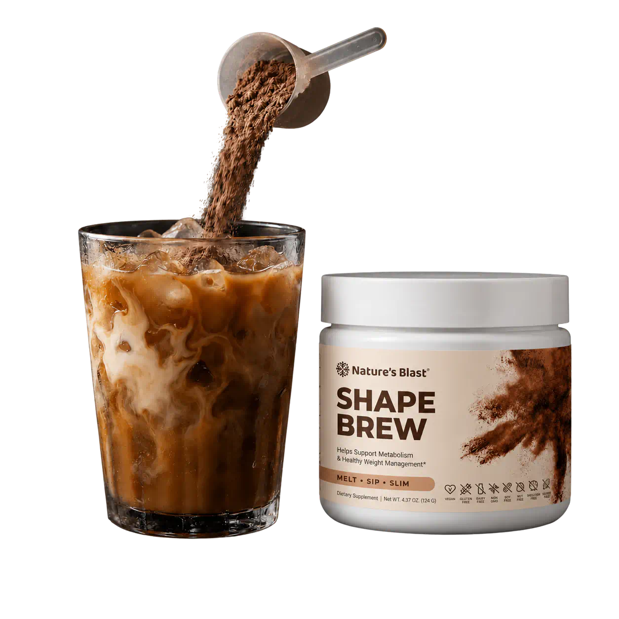 Eiskaffee neben Nature’s Blast Shape Brew
